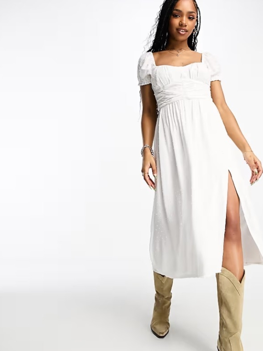 Hollister White Puff-Sleeve Midi Dress with Side Slit